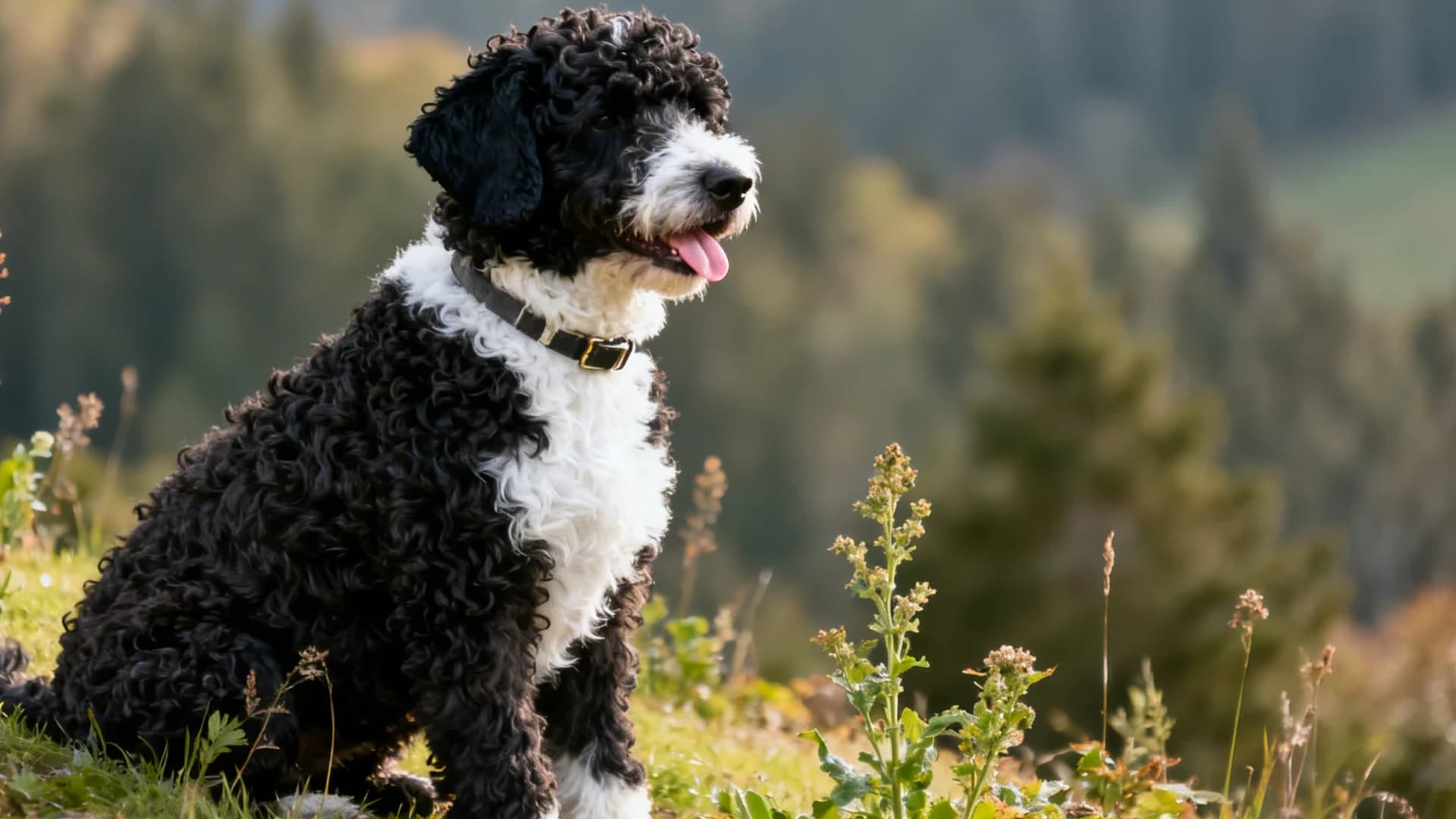 A black and white curly coated dog resembling a Portuguese Water Dog sitting on a grassy hillside