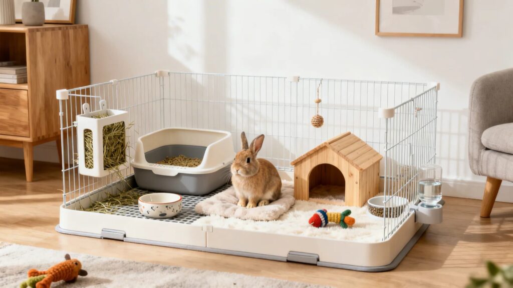 A bright and clean indoor rabbit setup scene showing a well organized bunny cage setup inside a modern home