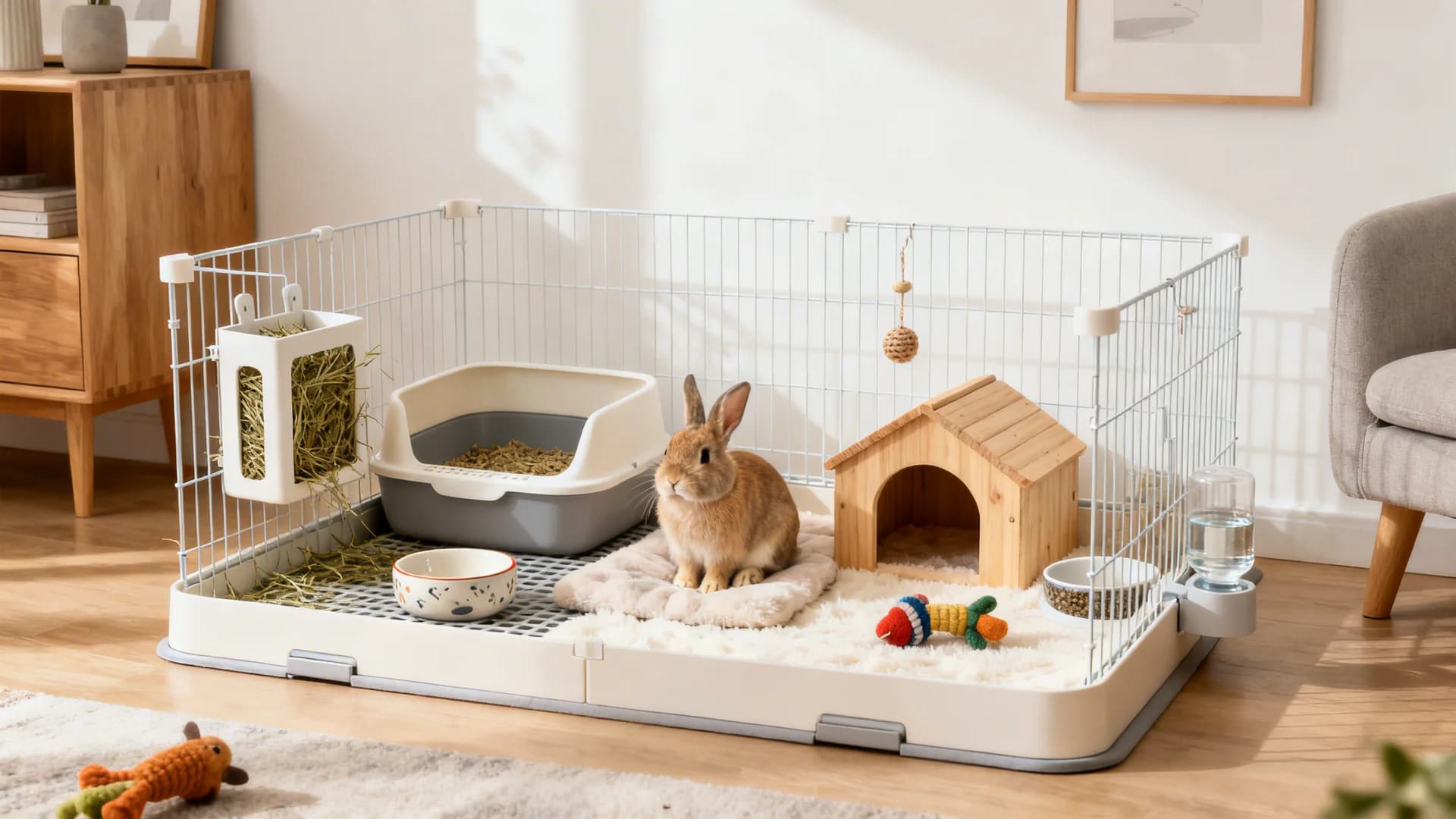 A bright and clean indoor rabbit setup scene showing a well organized bunny cage setup inside a modern home