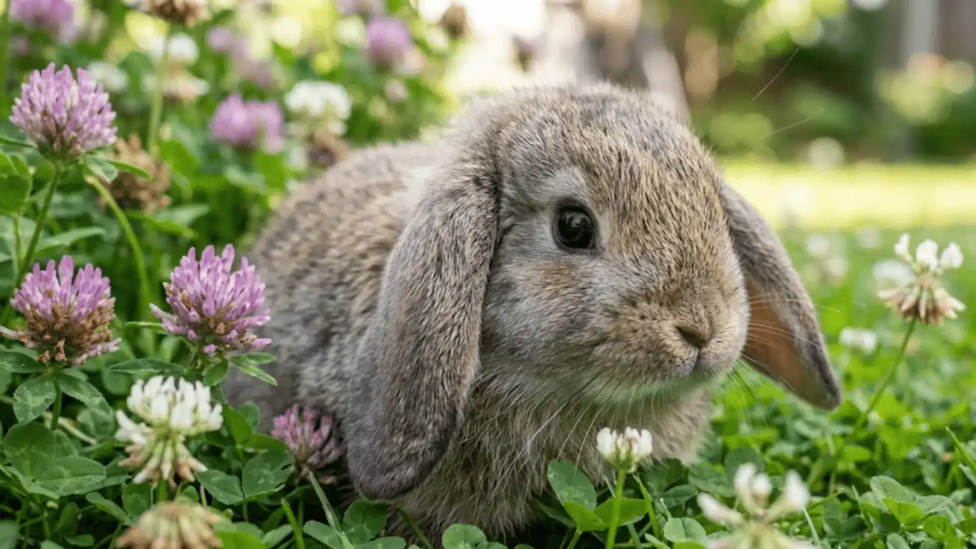 A brown Holland Lop rabbit with distinctive floppy ears resting among pink and white clover flower