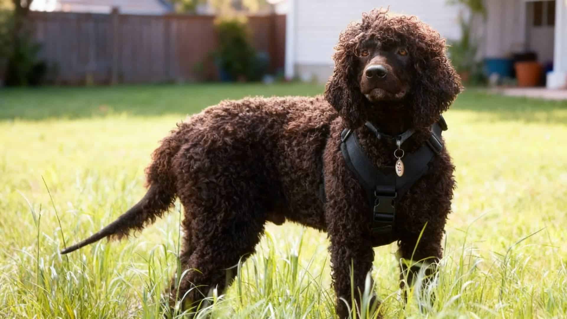 A brown Irish Water Spaniel standing in tall green grass