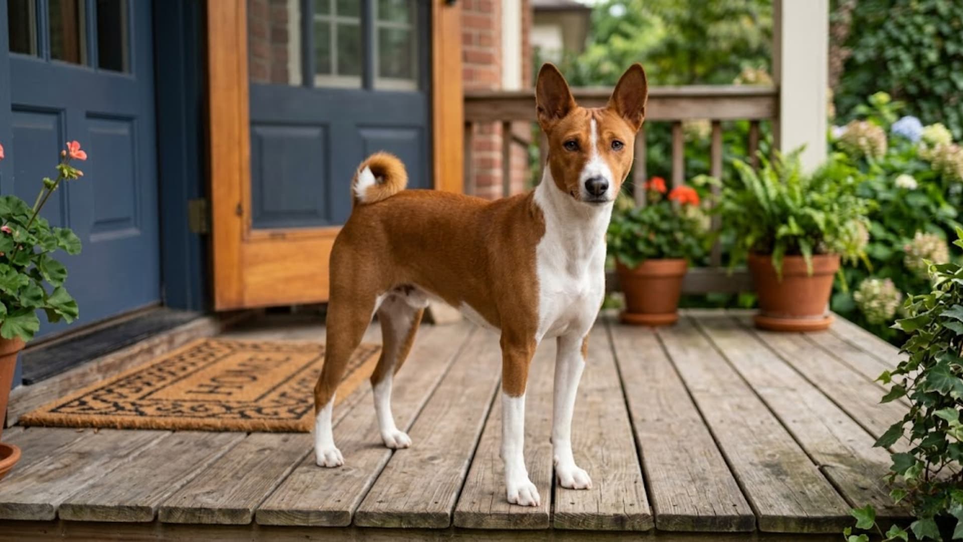 A brown and white Basenji dog standing on a wooden porch deck