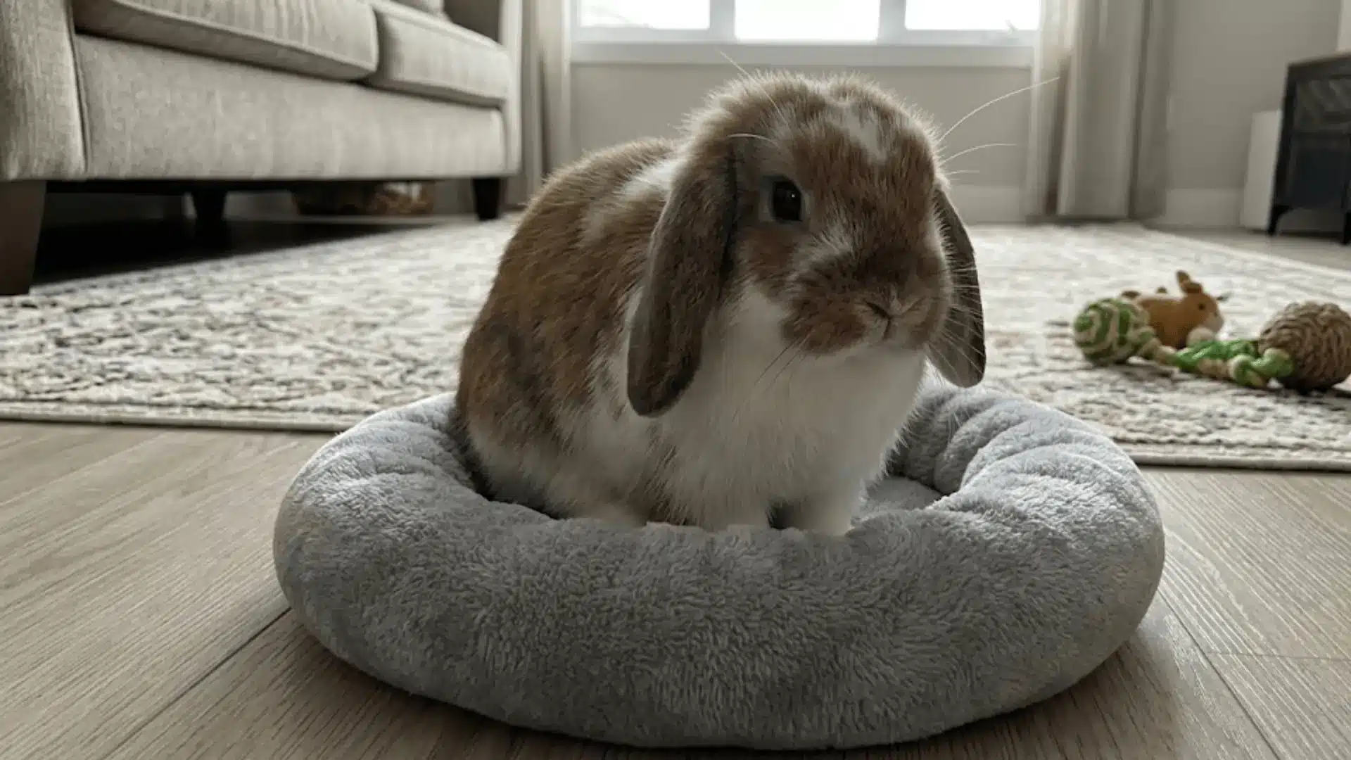 A brown and white Mini Lop rabbit sitting inside a small, grey circular pet bed on the floor.