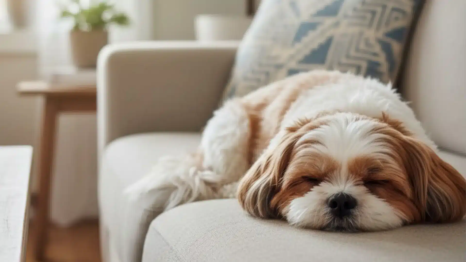 A brown and white Shih Tzu sleeping soundly on a beige sofa next to a decorative blue pillow