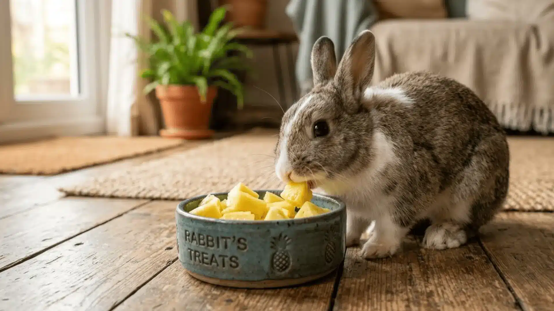 A brown and white rabbit eats diced pineapple from a blue ceramic bowl on a rustic wooden floor in a living room