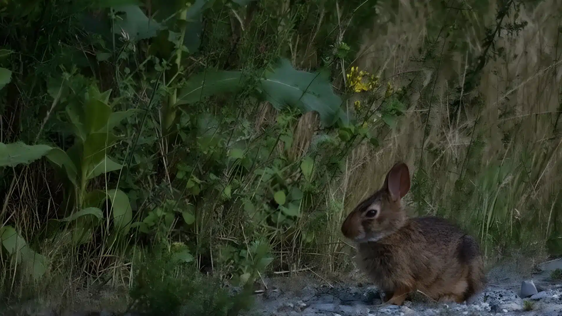 A brown rabbit sits at the edge of tall, dark green vegetation and dry grass during twilight