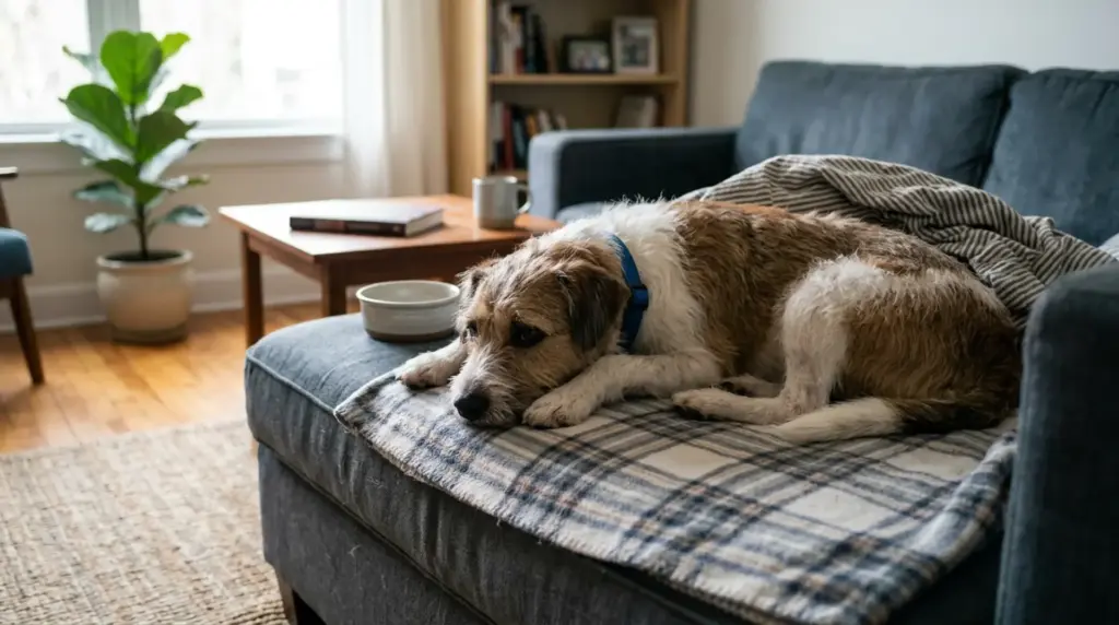 A brown white dog laying down on a blue sofa in the living room