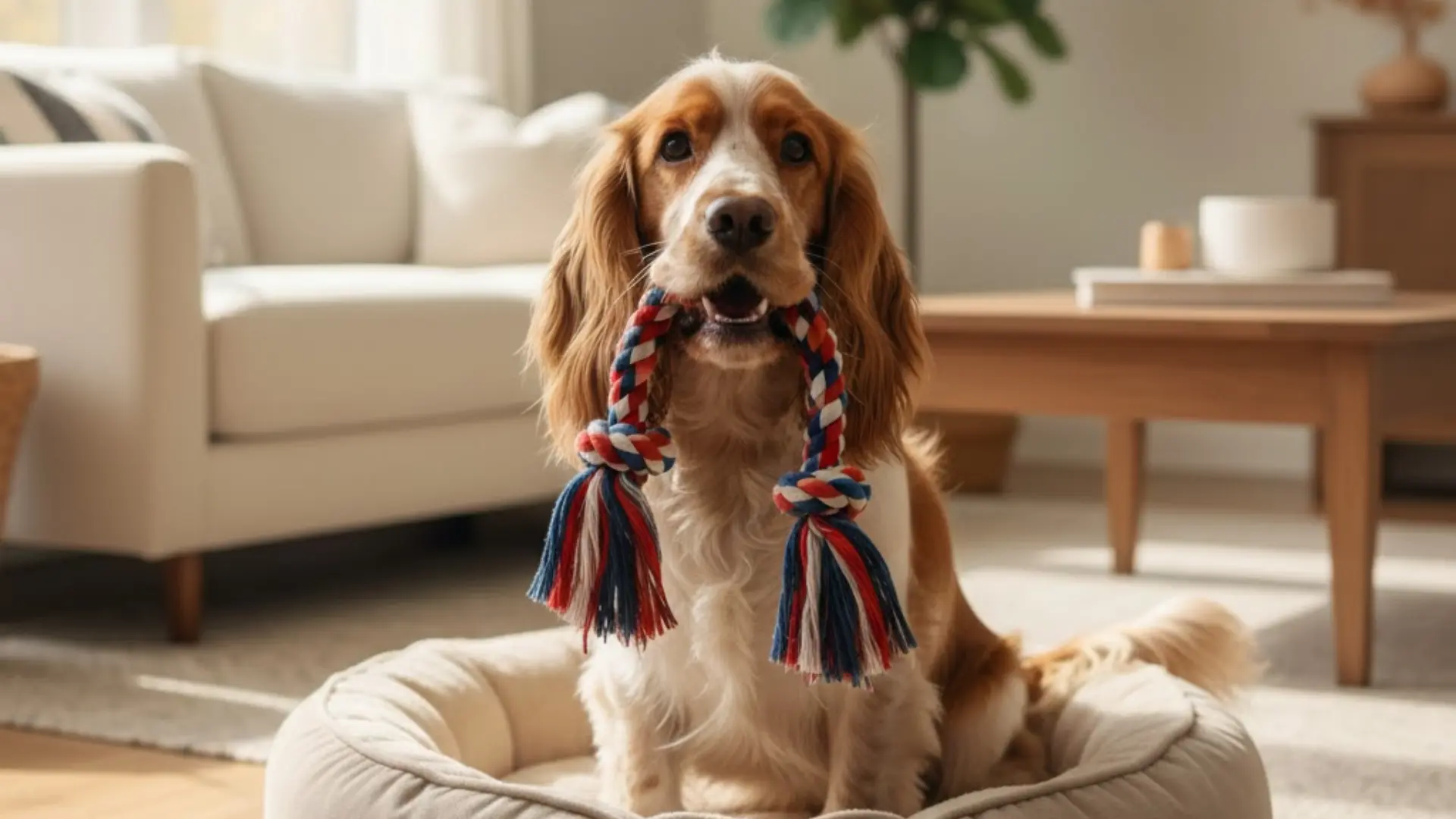 A buff-colored Cocker Spaniel sitting in a plush dog bed holding a colorful rope toy in its mouth