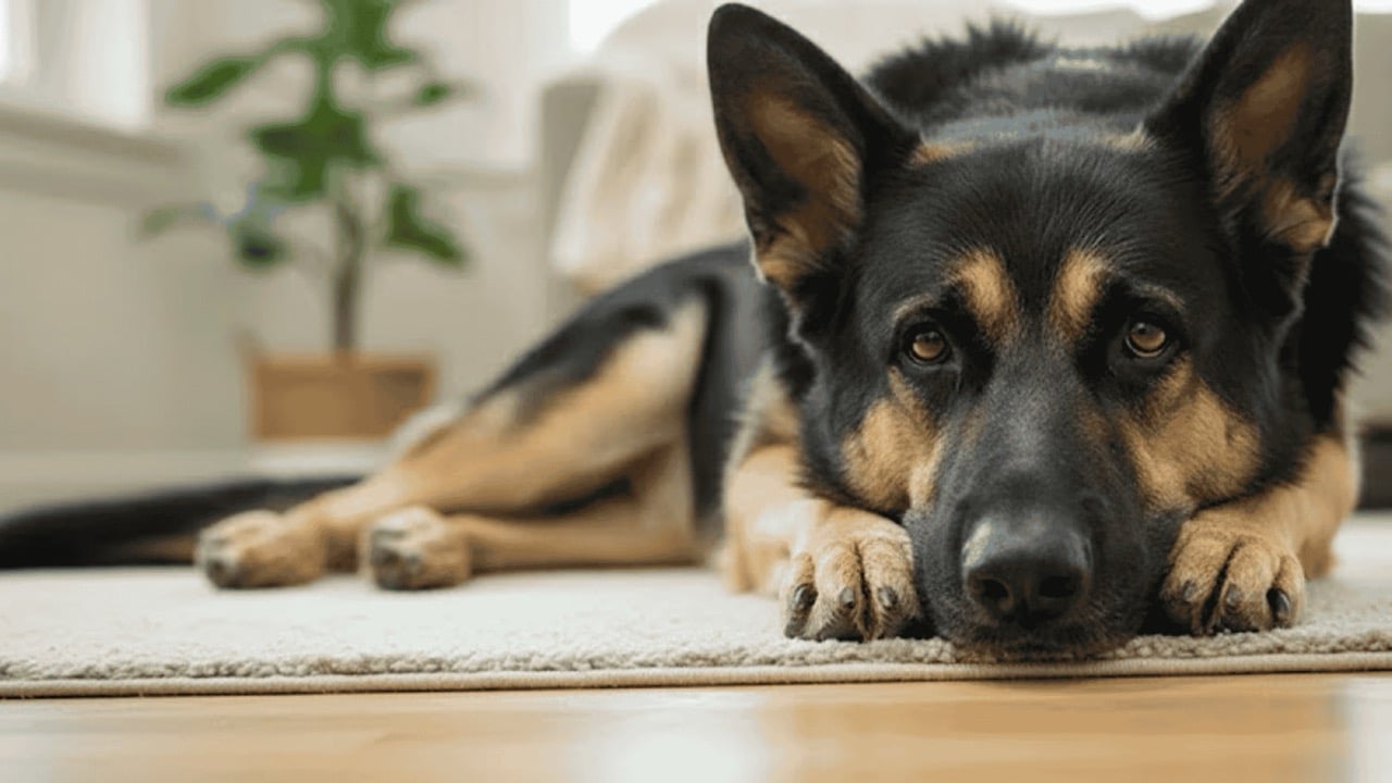 A calm senior German Shepherd lying on a rug in a sunlit room. - 1