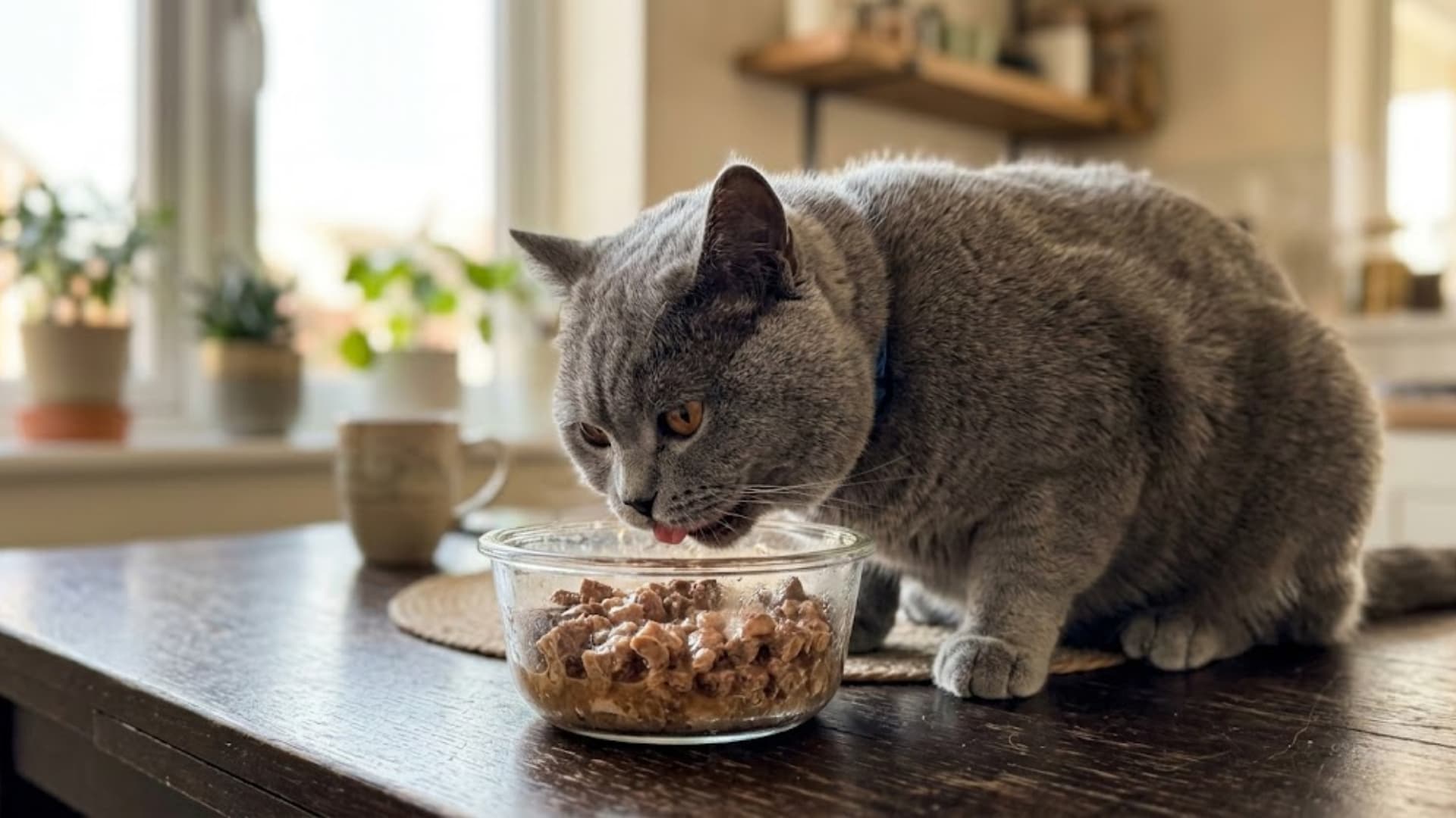 A chubby blue-grey British Shorthair cat eating chunky wet food from a round glass bowl on a dark table