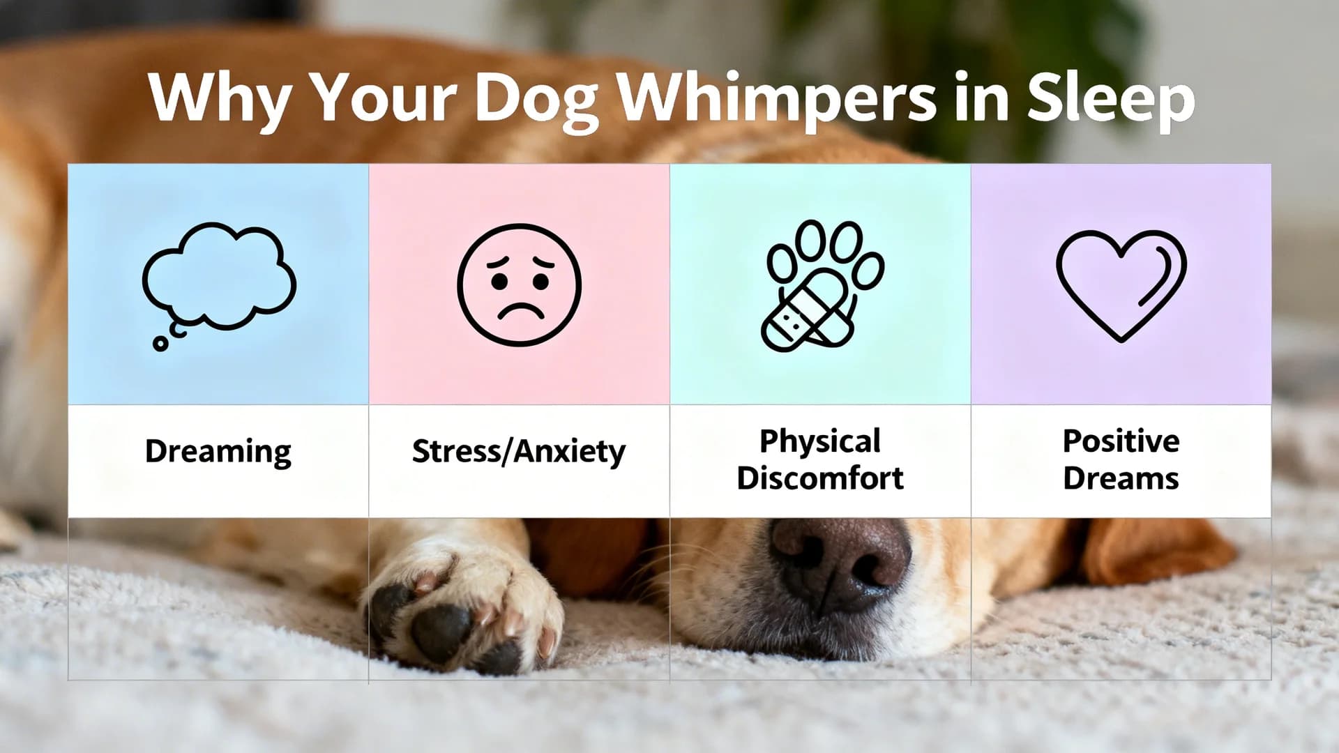 A clean infographic showing reasons why a dog is whimpering in sleep, sections include dreaming, stress or anxiety, physical discomfort, and positive dreams