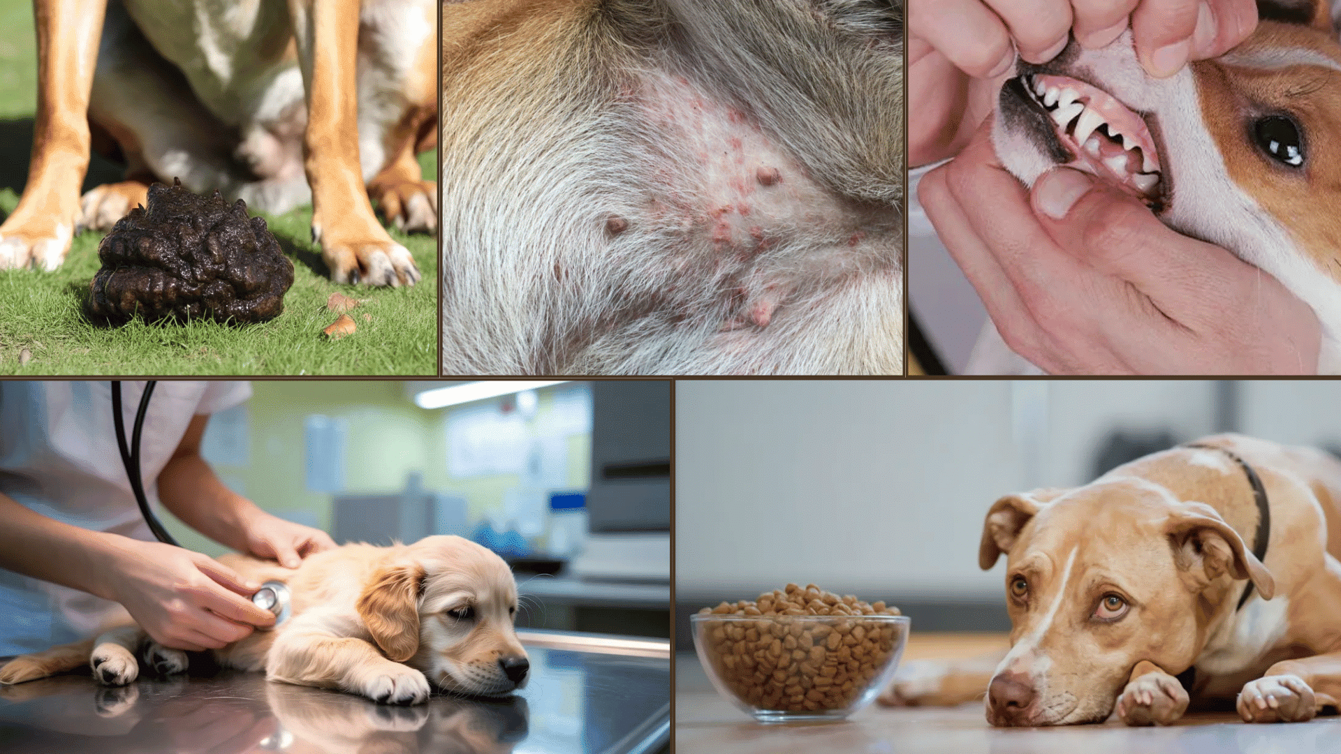 A collage shows a dog with diarrhea, a dog’s irritated skin, a dog’s gums being checked, a vet examining a puppy, and a sad dog lying by a bowl of food