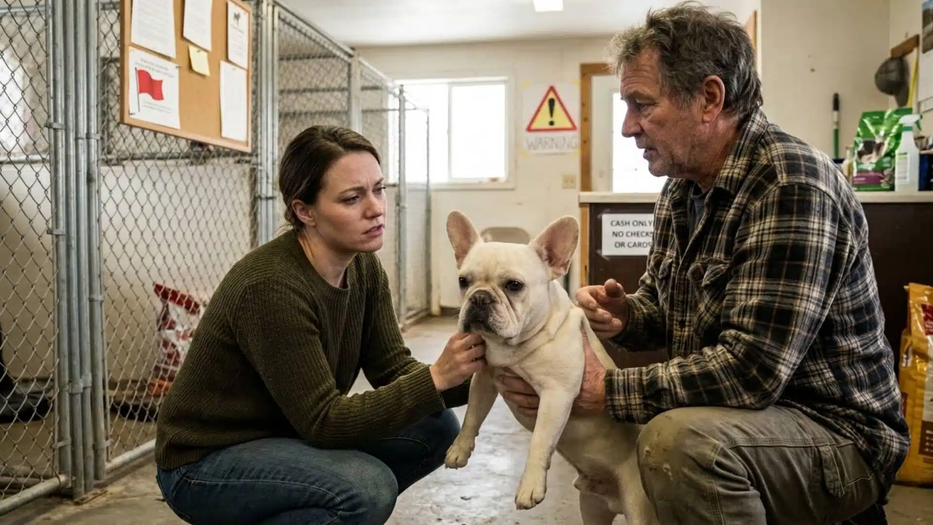 A concerned buyer inspecting a French Bulldog puppy while talking to a breeder, subtle warning symbols like a red flag icon in the background