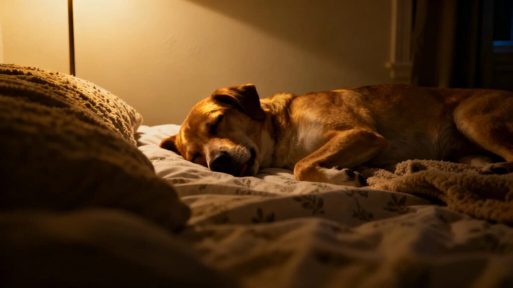 A cozy nighttime bedroom scene with a dog sleeping on a soft bed, slightly whimpering, dim warm lighting, calm atmosphere