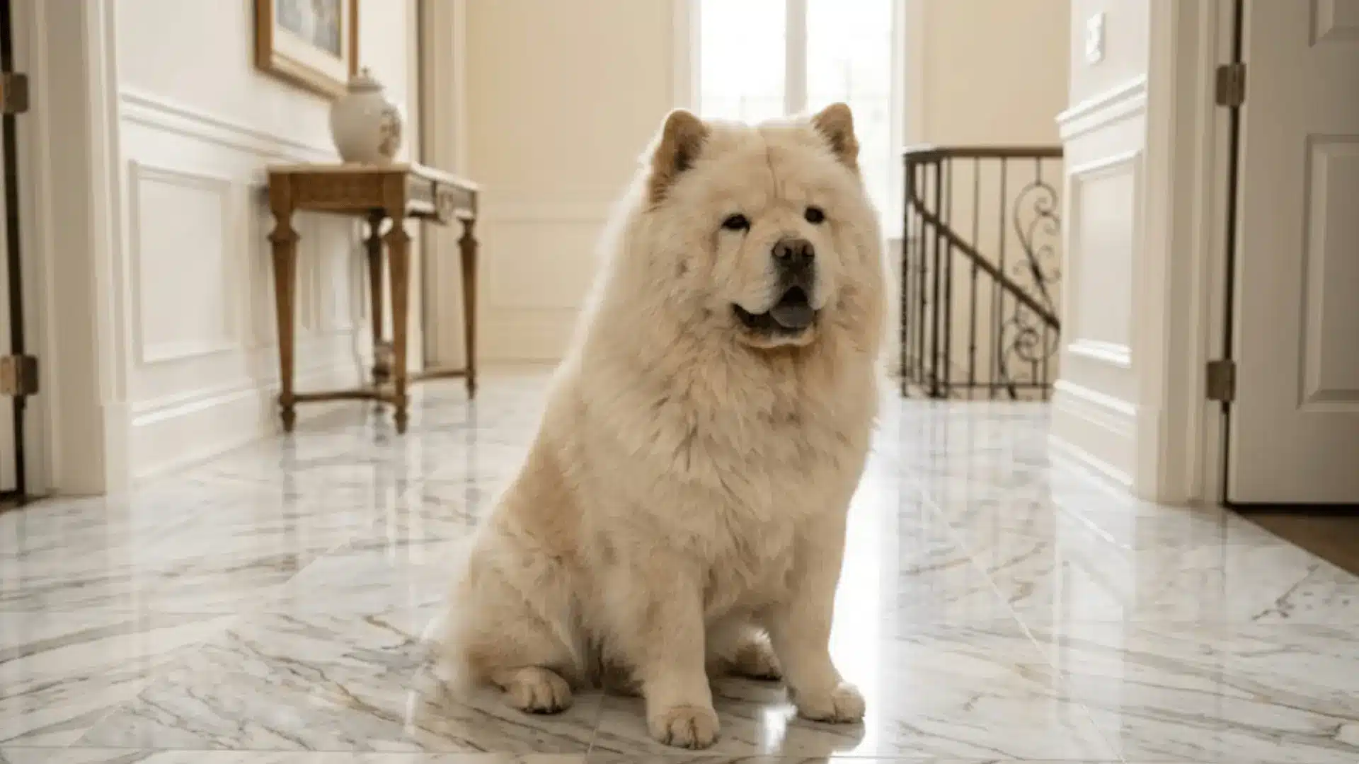 A cream-colored Chow Chow with a signature blue tongue sits regally on a polished white marble floor indoors