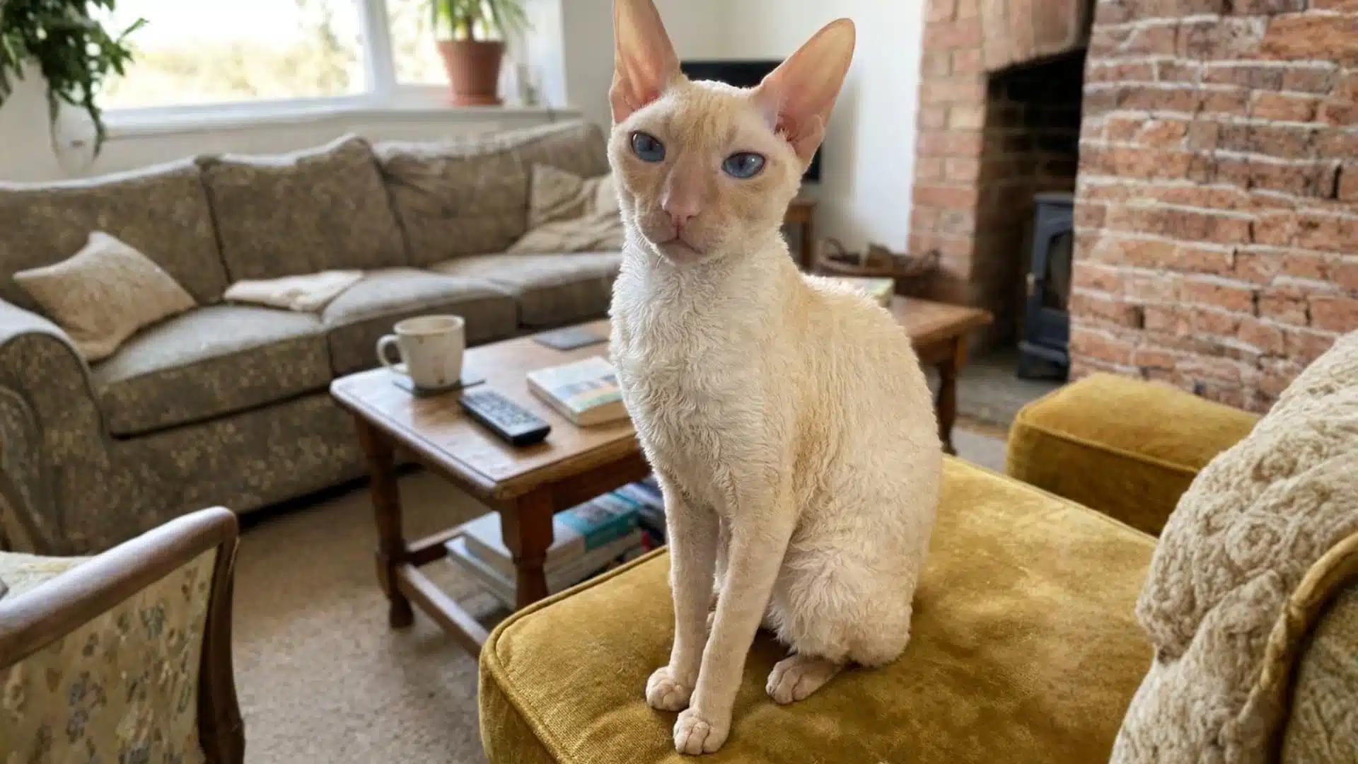 A cream-colored Cornish Rex cat sits on a yellow ottoman in a cozy living room