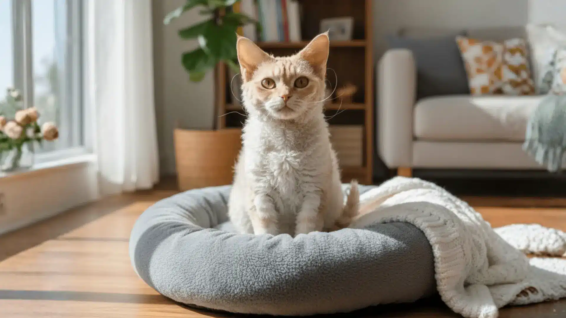 A cream-colored LaPerm cat with a distinctive curly coat sitting in a grey cat bed near a bright window