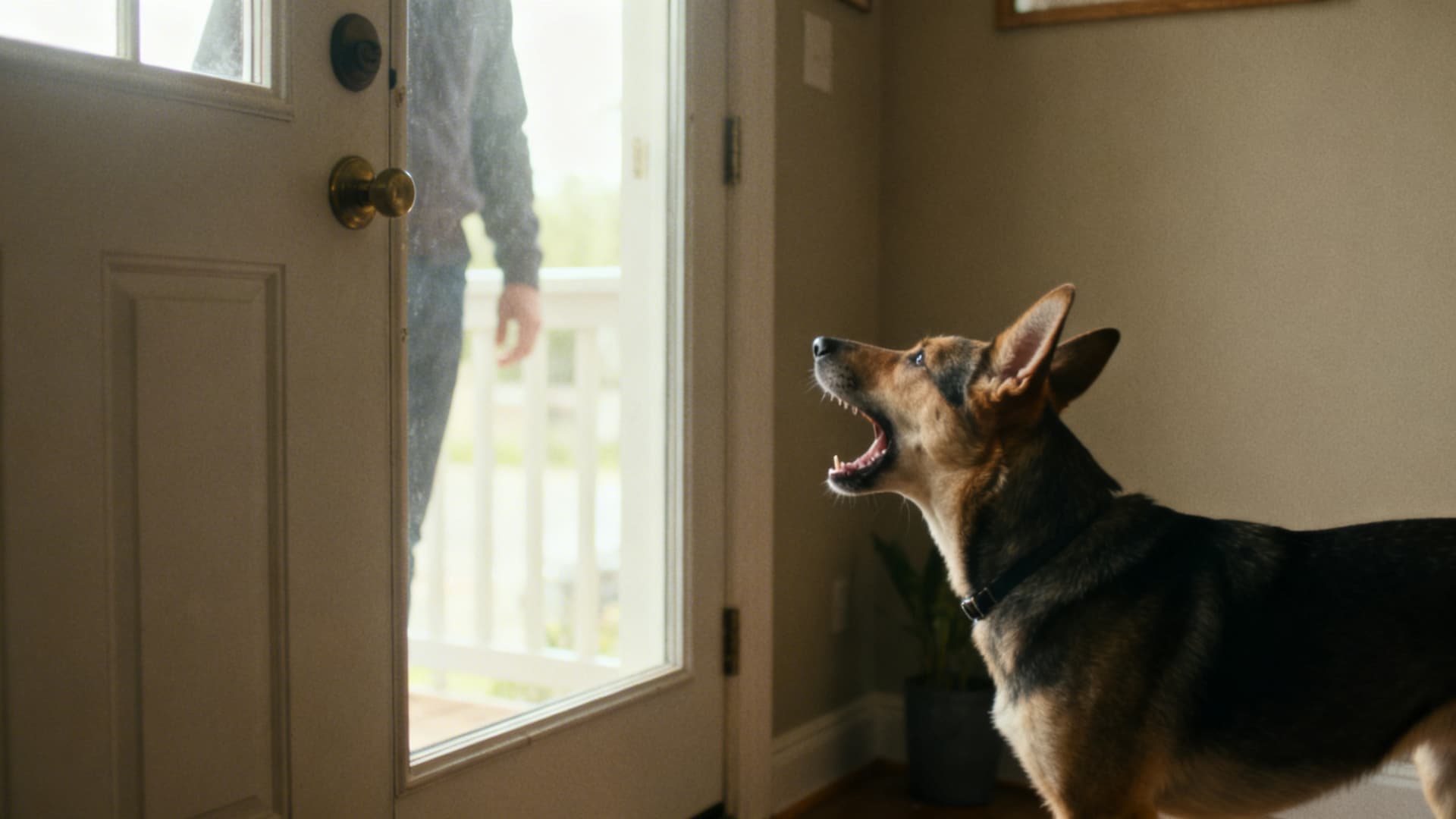 A dog barking at someone outside the door, alert posture, ears up, front door scene, realistic home environment