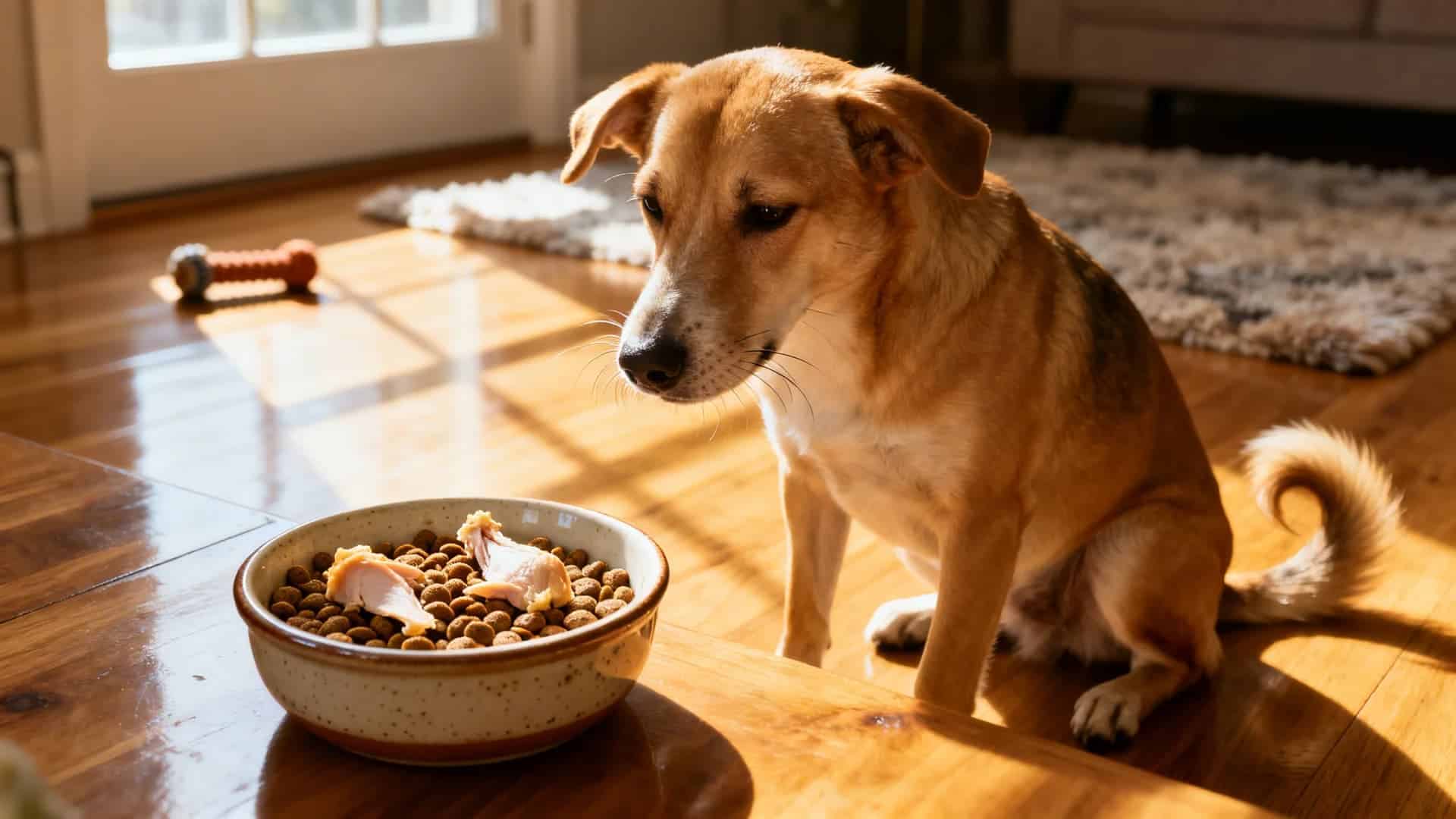 A dog sitting near a full food bowl but refusing to eat, looking slightly uninterested, cozy home environment, wooden floor