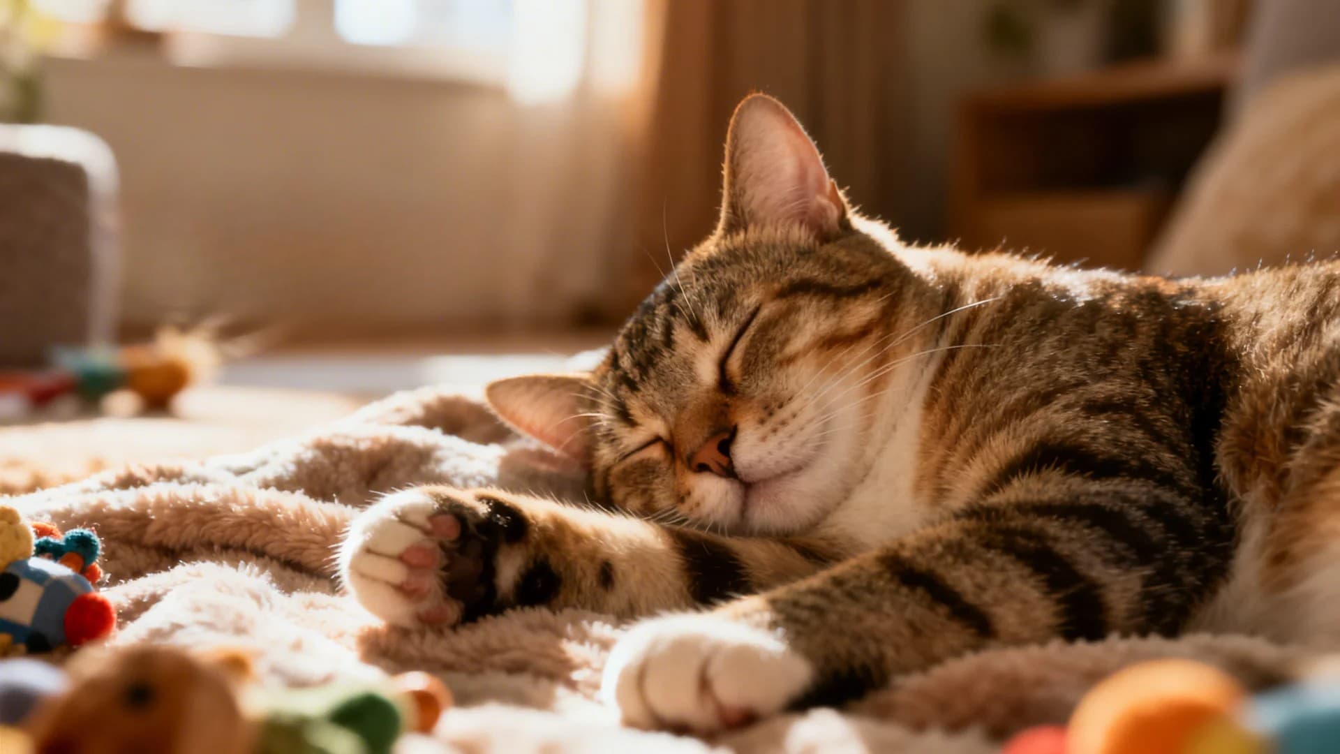 A domestic cat sleeping deeply with closed eyes and relaxed paws