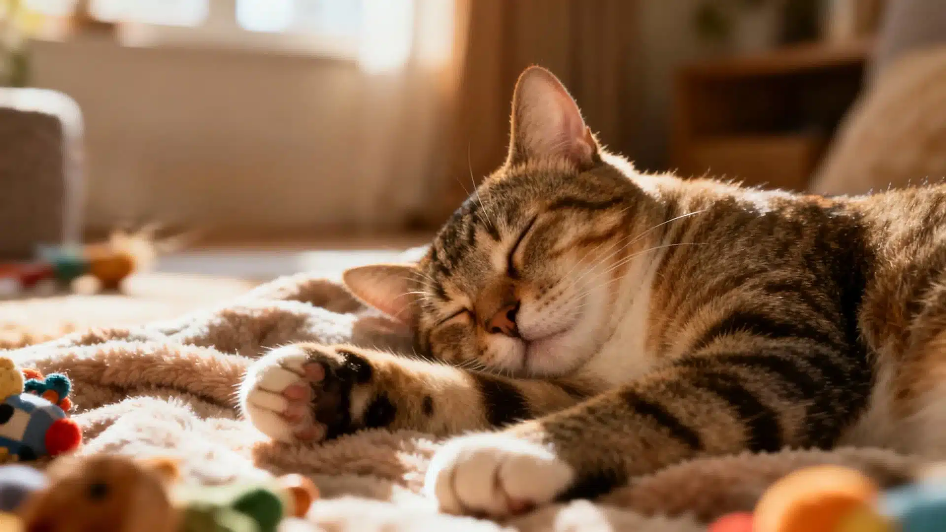 A domestic cat sleeping deeply with closed eyes and relaxed paws