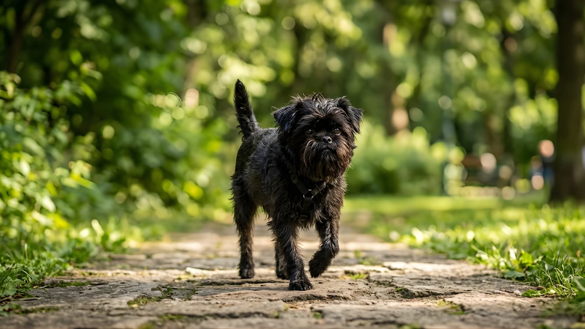 A fluffy Affenpinscher dog standing on a green backyard lawn with a fence
