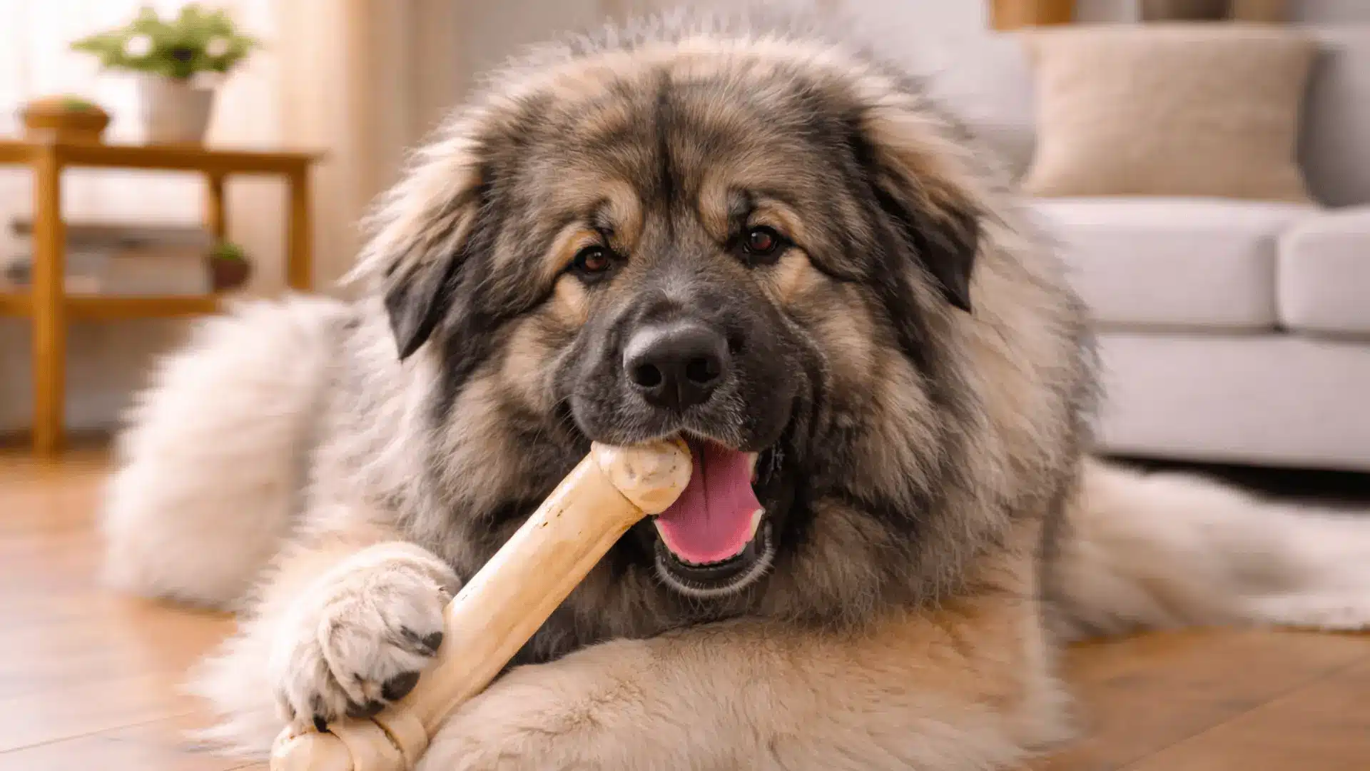 A fluffy Caucasian Shepherd Dog lies on a wooden floor happily chewing on a large bone in a living room