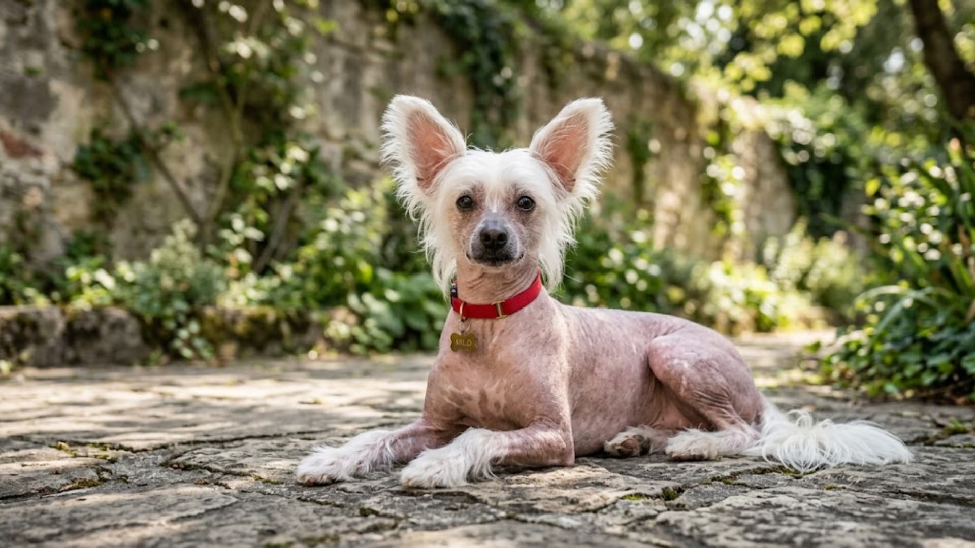 A fluffy Chinese Crested dog standing on a green backyard lawn with a fence