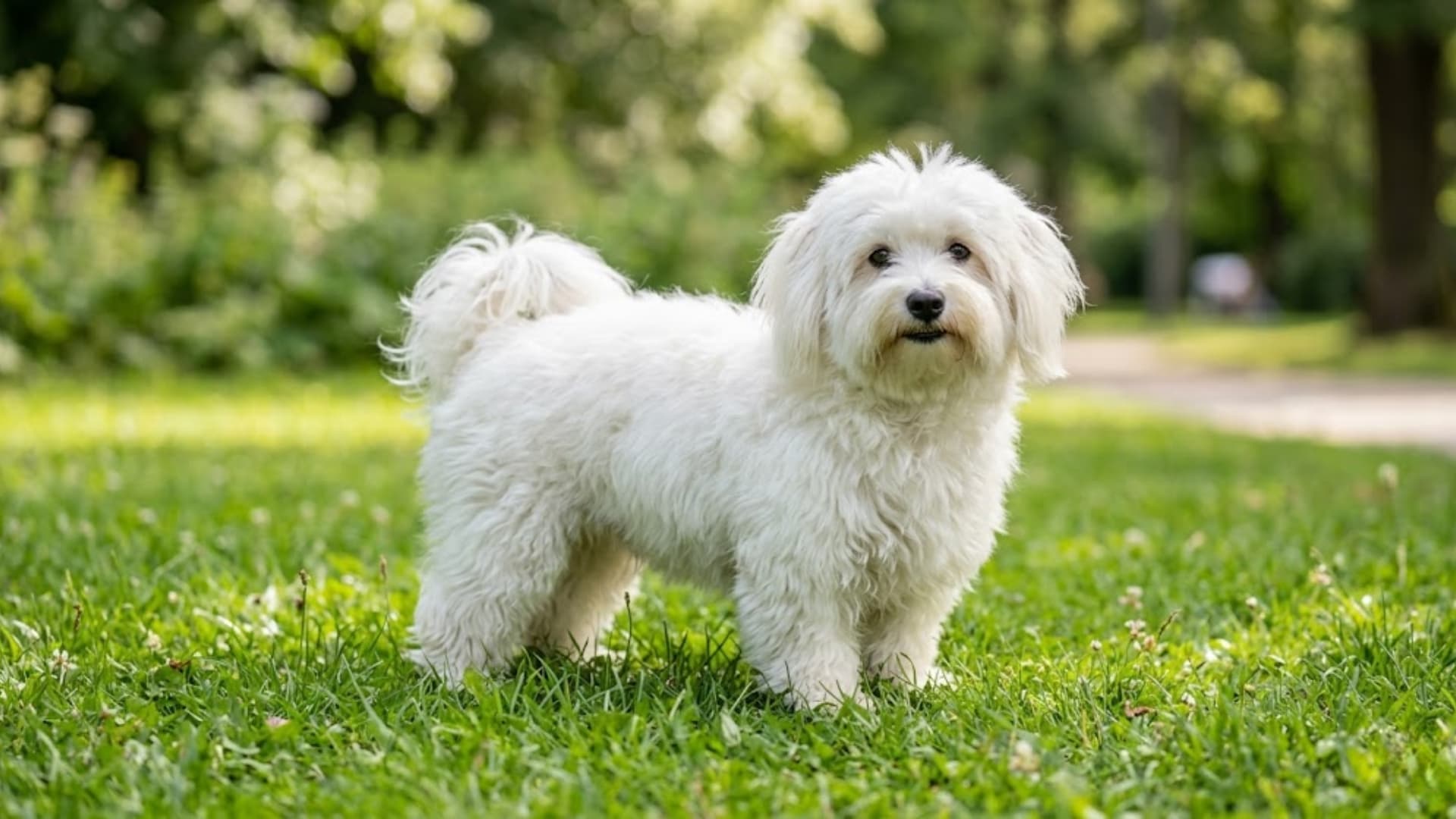 A fluffy Coton de Tulear standing on a green backyard lawn with a fence