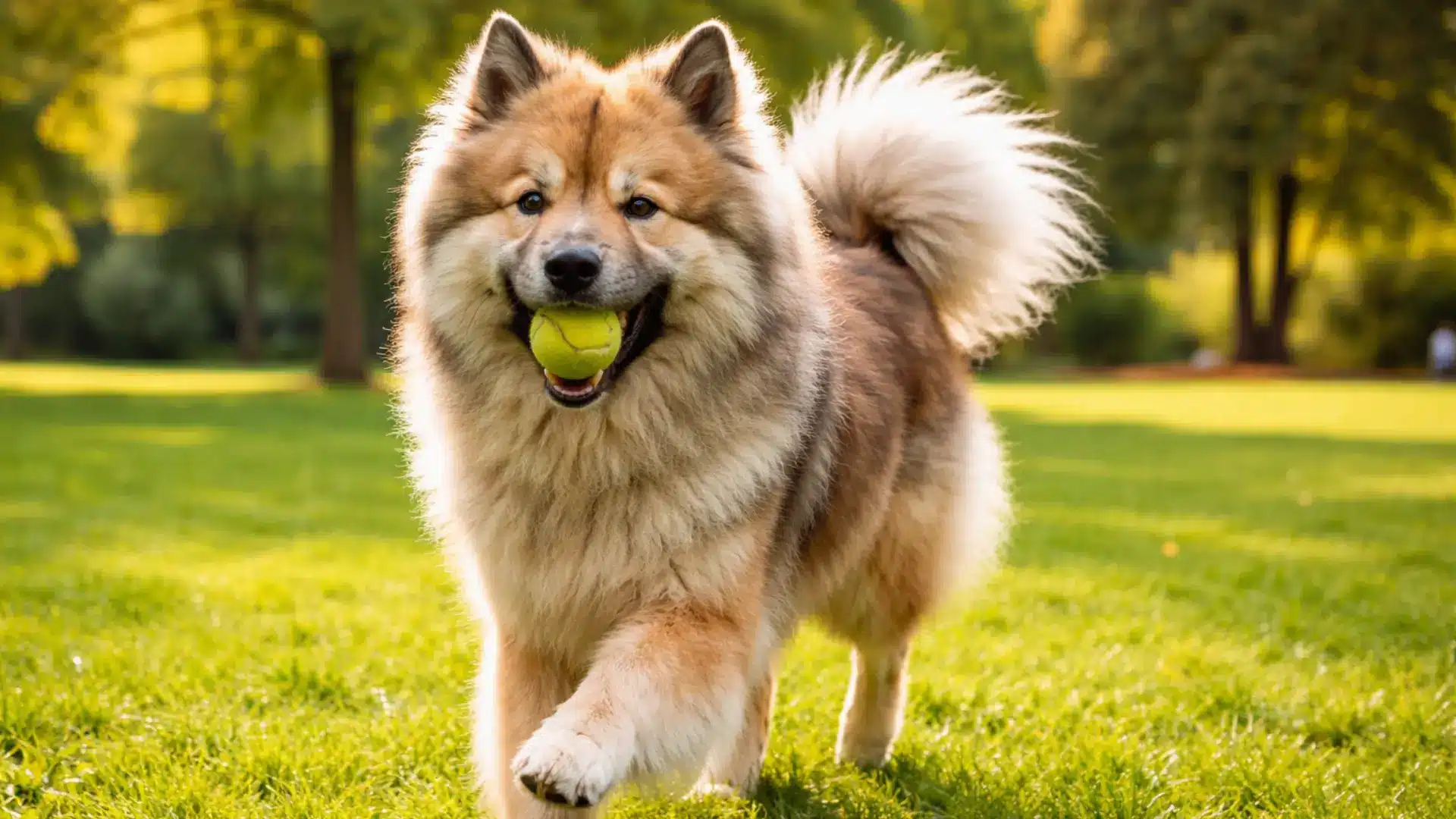 A fluffy Eurasian dog trotting through a sunny green park with a yellow tennis ball held firmly in its mouth