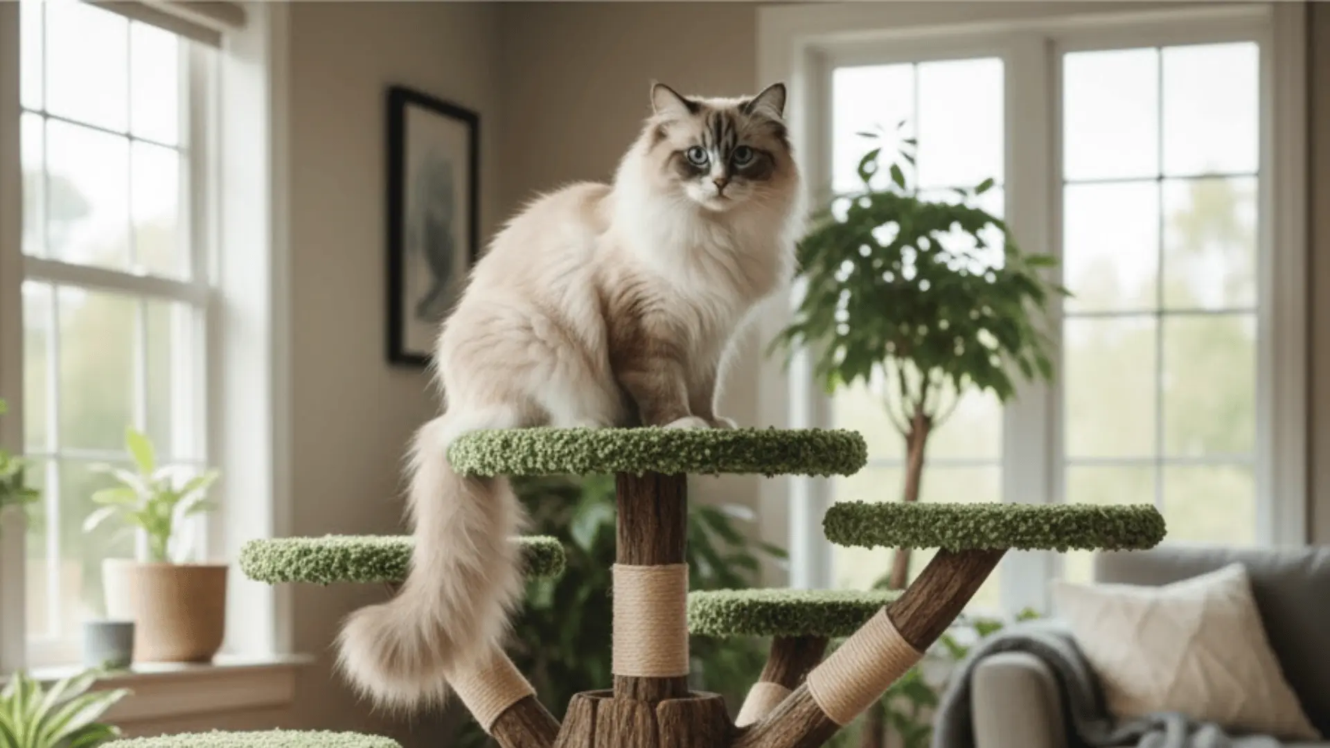 A fluffy Ragdoll cat with blue eyes perched atop a tall, elaborate cat tree designed to look like a realistic wooden tree
