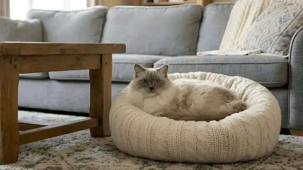 A fluffy Ragdoll cat with blue eyes rests comfortably in a round, cream-colored knitted cat bed on a living room rug