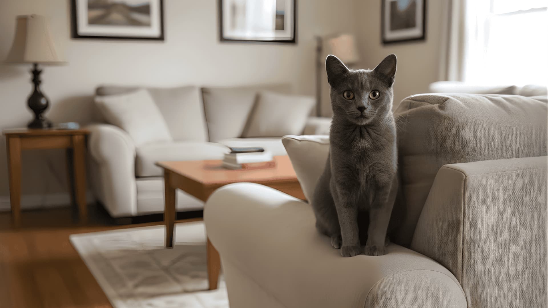 A fluffy Russian blue cat sits on a couch in a cozy, amateur-style living room.