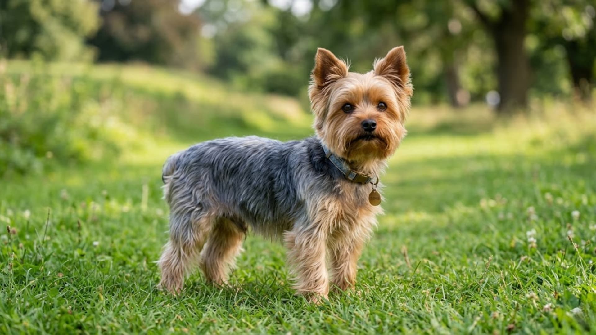 A fluffy Yokshire Terriern standing on a green backyard lawn with a fence