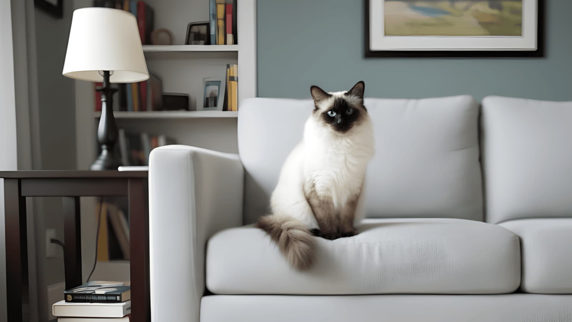 A fluffy balinese cat sits on a couch in a cozy, living room.