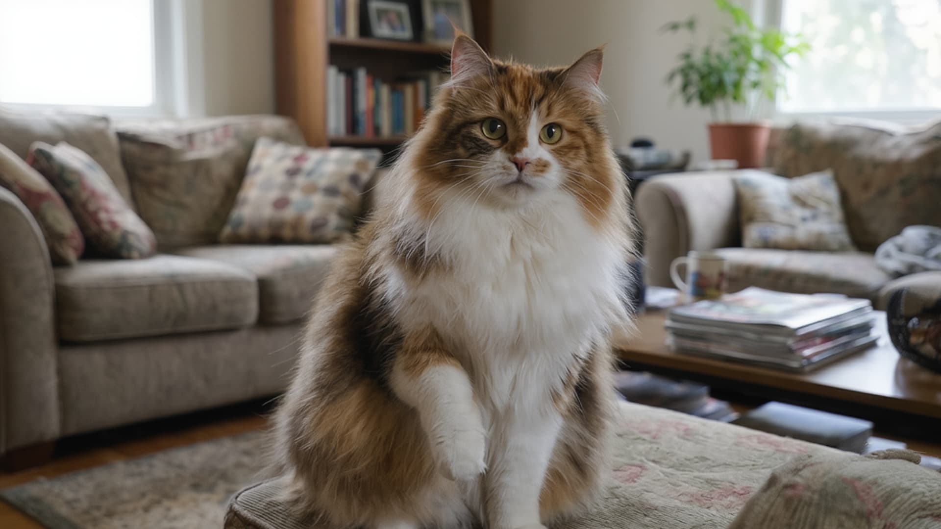 A fluffy calico cat sitting on a cushioned ottoman in a cozy living room