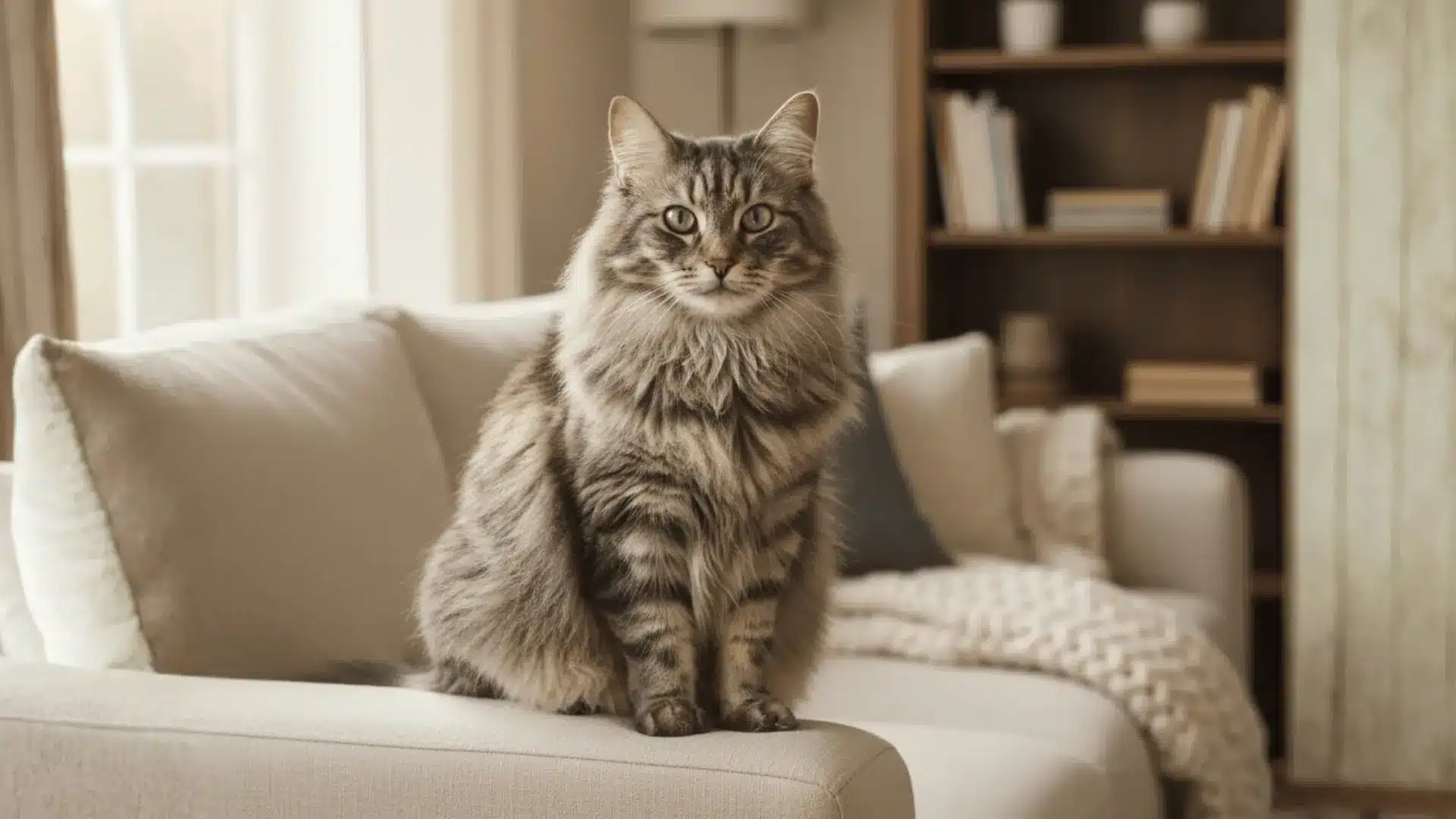 A fluffy, gray tabby cat sits poised on a cream-colored sofa in a cozy living room, adorned with bookshelves and soft lighting, conveying calmness
