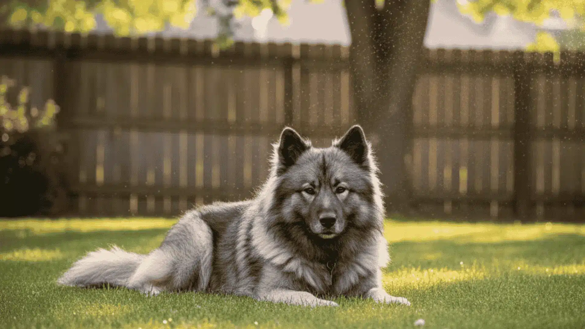 A fluffy grey and black Keeshond lying down on the grass in a backyard during golden hour