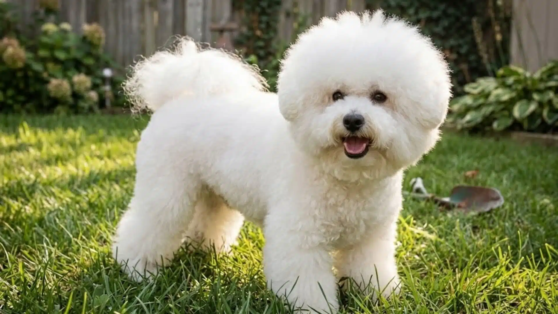 A fluffy white Bichon Frise standing on a green backyard lawn with a fence
