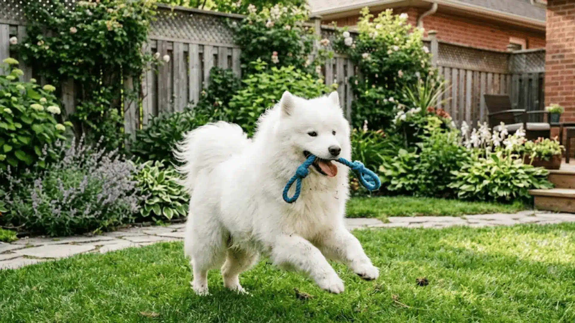 A fluffy white Samoyed dog runs happily through a lush green backyard with a blue rope toy in its mouth