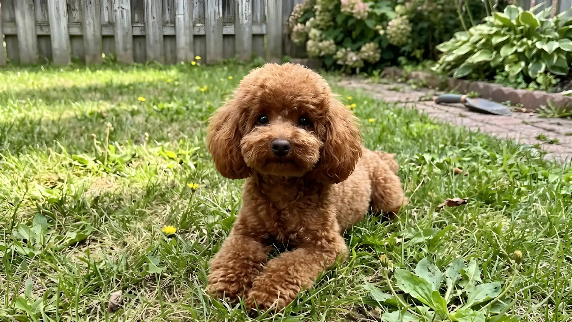 A fluffy white Toy Poodle standing on a green backyard lawn with a fence