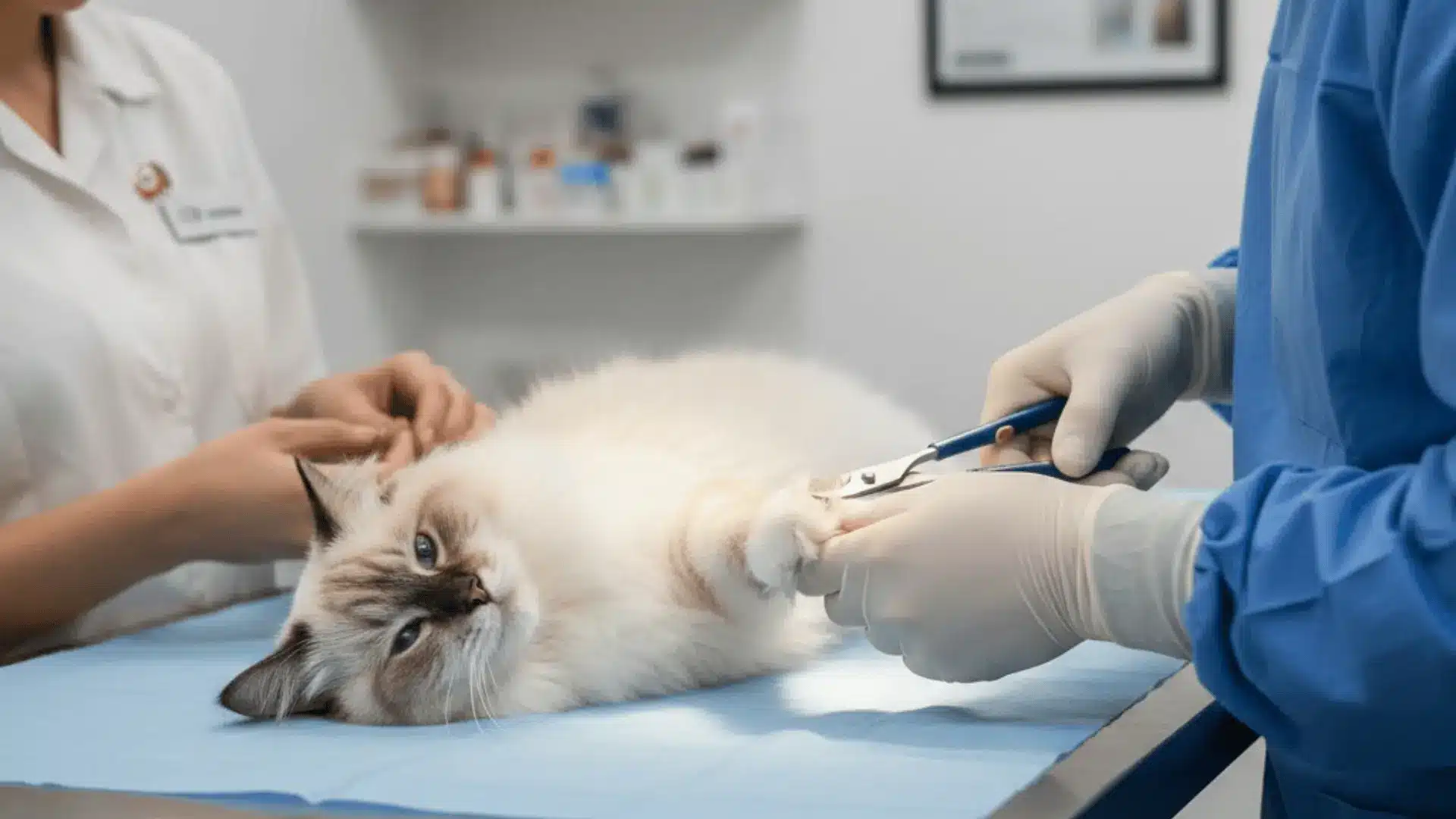 A fluffy white cat lies calmly on a vet's table as a professional in blue scrubs trims its claws