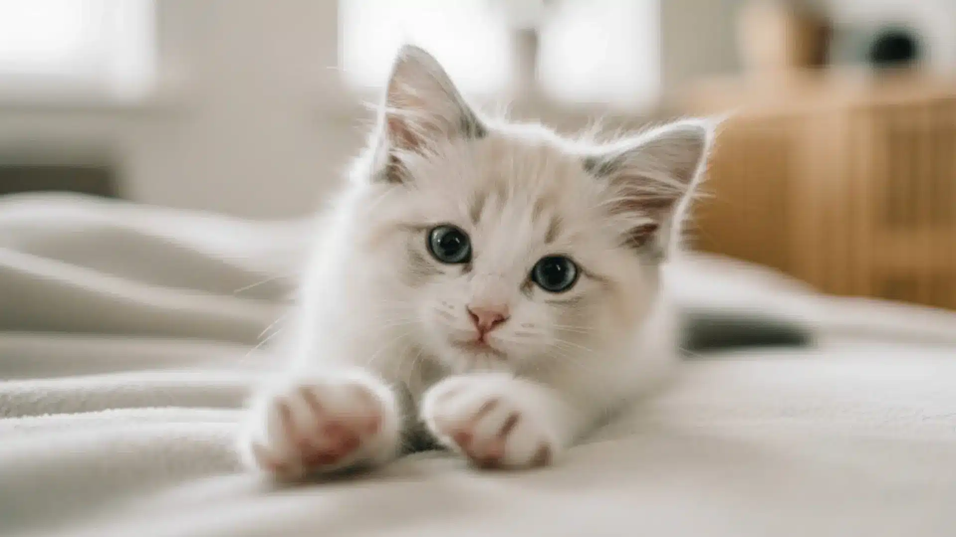 A fluffy white kitten with light gray patches and blue eyes lies on a soft bed, paws stretched forward