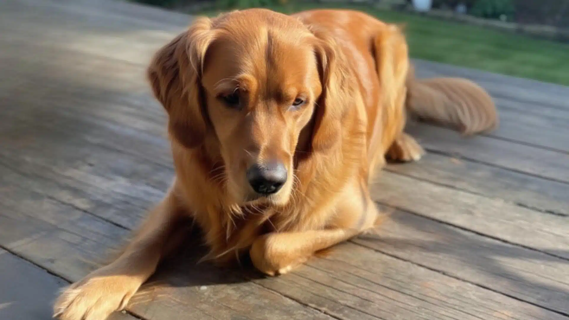 A gentle Golden Retriever, one of the best dogs for kids, relaxing on a backyard wooden deck