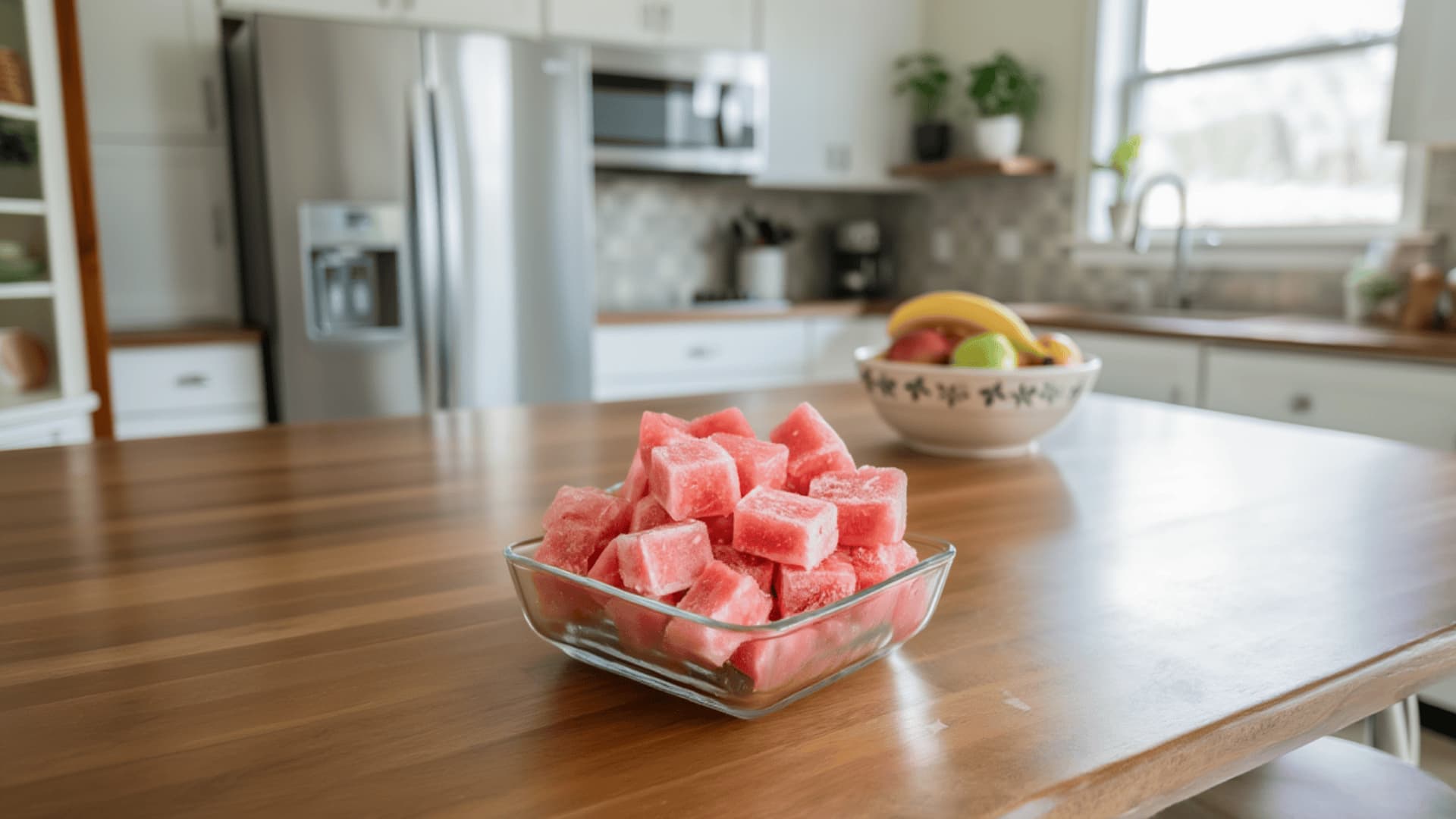 A glass bowl of frozen watermelon cubes on a wooden kitchen counter
