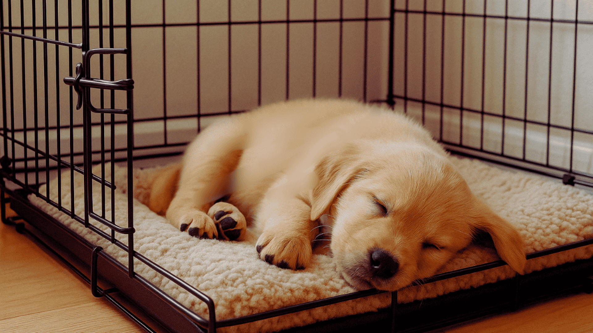 A golden labrador sleeping peacefully in the crate on a cozy rug