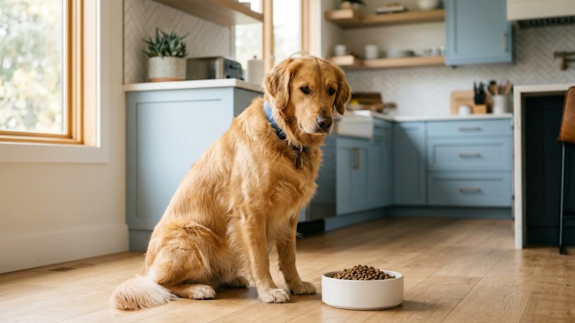 A golden retriever dog sitting in a modern kitchen, looking at a bowl of dry kibble on the floor