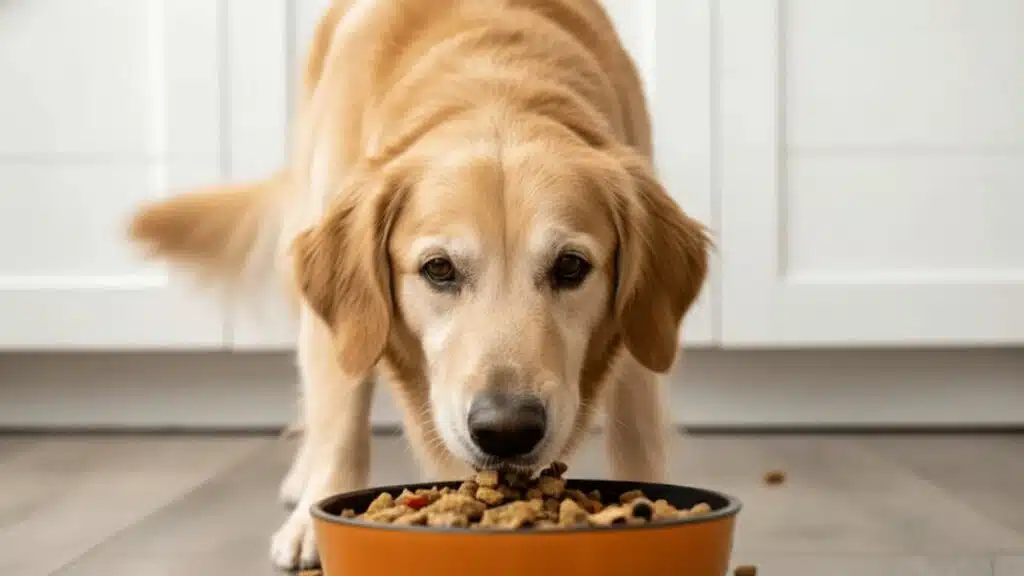 A golden retriever eats dry kibble from an orange bowl on a kitchen floor