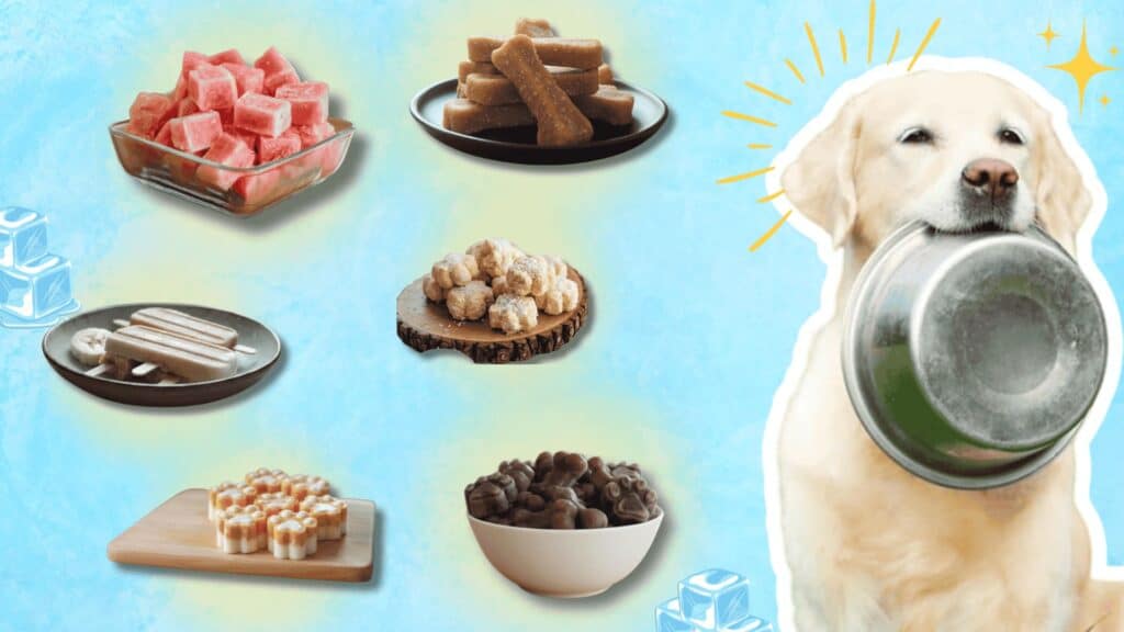 A golden retriever holding a bowl, surrounded by various dog treats on a blue background