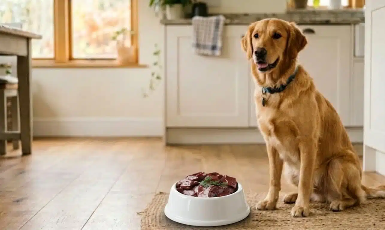 A golden retriever sits attentively on a rug beside a bowl of beef liver
